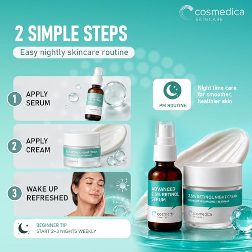 Cosmedica Retinol Serum 2.5% & Anti-Aging Cream Set - Skin Brightening, Wrinkle & Spot Treatment