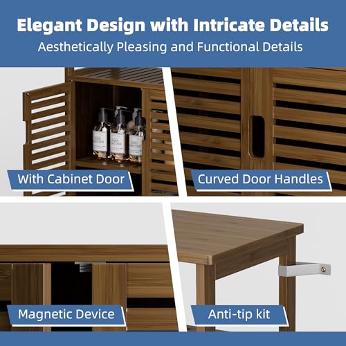 HITNET Walnut Bamboo Bathroom Storage Cabinet with Double Doors & Open Shelf