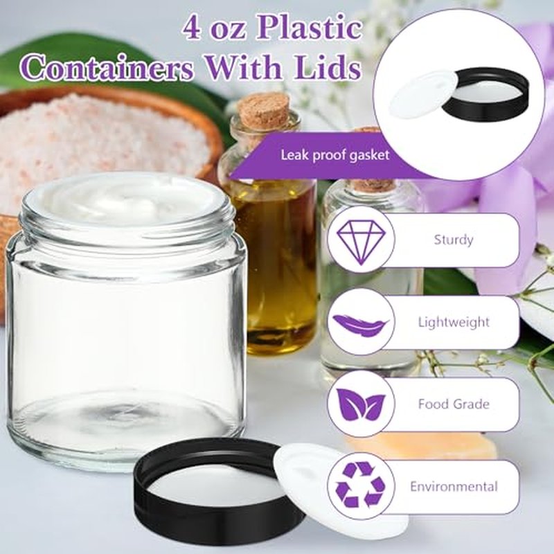 48 Pcs 4 oz Clear Glass Jars with Black Lids Leakproof Round Airtight Jars Empty Cosmetic Jars with Inner Liners Lid for Candle Making Storing Lotions Spice Powder Liquid Sample Makeup (Black,clear)