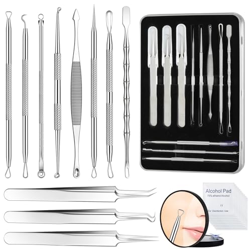 Silver Blackhead Remover Kit 11Pcs with Magnifying Glass & Alcohol Pads - Acne Extraction Tools