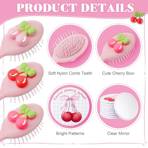 Pink Cherry Bow Compact Mirror & Hair Brush Set - Party Favor Gift, Variation of Pink / Cherry Bow