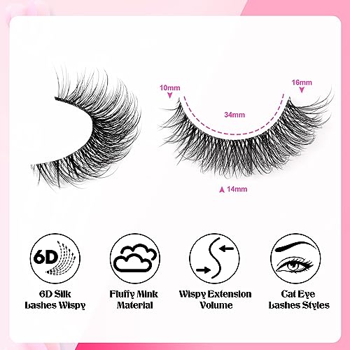 Wiwoseo Natural Wispy Fluffy Cat Eyes Mink Lashes With Glue Kit - Clear Band Russian Strip Eyelashes - Natural Look False Eyelash Extension - D Curly 7 Pairs Pack