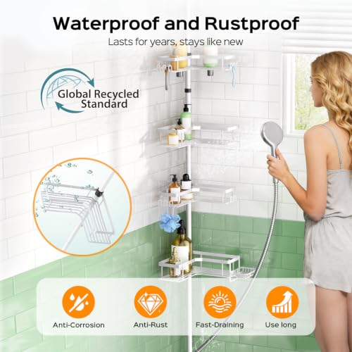White 4-Tier Corner Shower Caddy - Tension Pole Bathroom Organizer, No Tools Needed