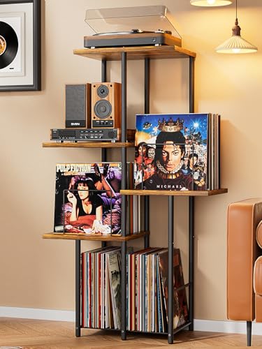 Black & Rustic Brown Vinyl Record Player Stand with Storage Shelves & Display - Mid Century Modern Tall Console