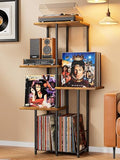 Black & Rustic Brown Vinyl Record Player Stand with Storage Shelves & Display - Mid Century Modern Tall Console