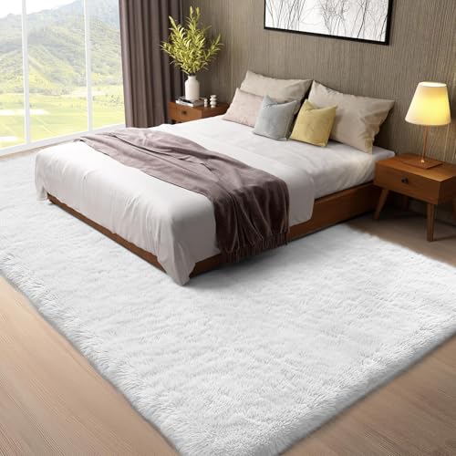 8x10 White Area Rug - Large Shag Bedroom Carpet, Soft Non-slip Indoor Floor Mat - Rectangular