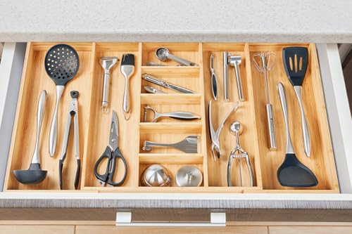 Adjustable Bamboo Kitchen Drawer Organizer for Utensils - For Utensil 19-33 Inches, Extra Large Expandable Cutlery Tray