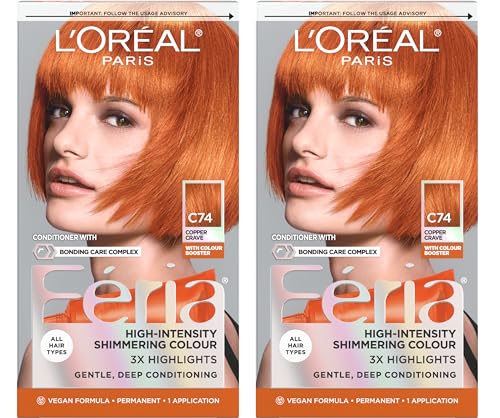 L'Oreal Feria Multi-Faceted Shimmering Permanent Hair Color Kit - C74 Copper Crave, Pack of 2