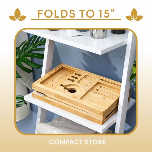 Natural Bamboo Bathtub Tray - Expandable & Foldable Bath Caddy with Spa-Style Holders - A-Natural Variation
