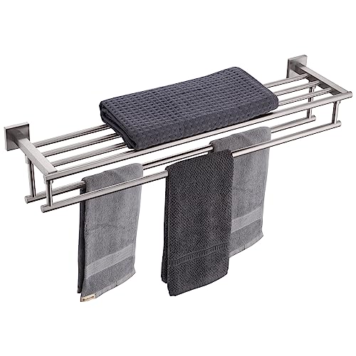KOKOSIRI Brushed Steel 32-Inch Double Towel Shelf Bathroom Towel Rack Wall Mount