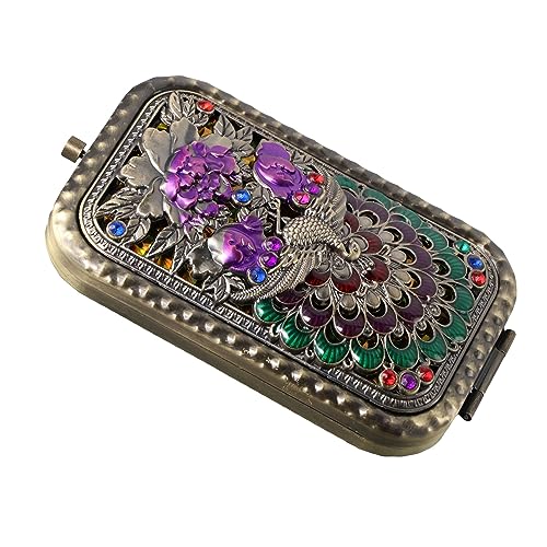 Pokinge 2Pcs Compact Folded Pocket Mirror Double-Sided Folding Retro Peacock Metal Makeup Mirror Portable 2X Magnification Cosmetic Mirror for Travel