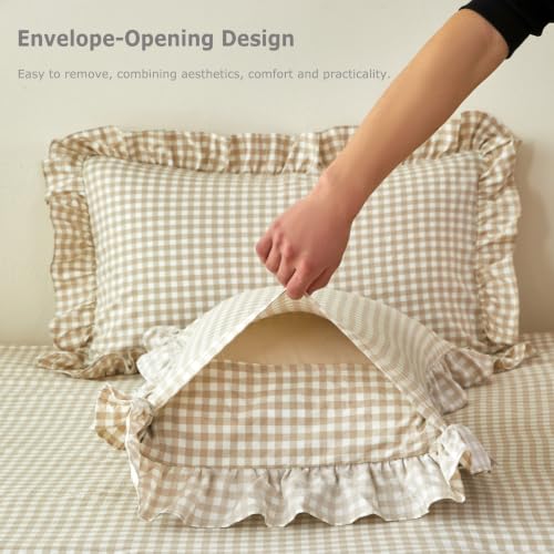 Full Tan Gingham Comforter Set 5 Pieces Vintage Ruffled Bedding