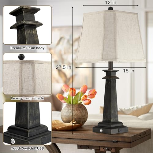 Farmhouse Black Table Lamps Set of 2 - 27.5 inch Touch Dimmable Nightstand Lamps with USB Ports - Vintage Linen Shade