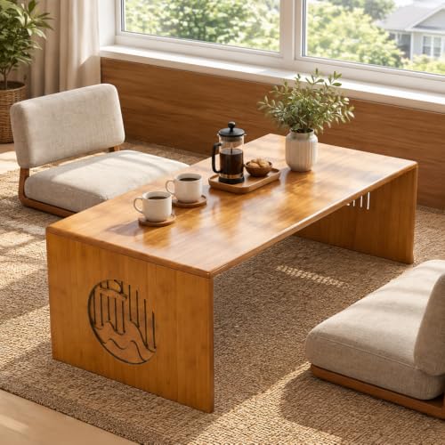 Japanese Folding Bamboo Coffee Table 31.5 Inch Low Floor Desk for Living Room