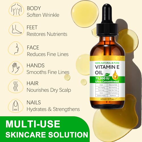 2 Pack Vitamin E Oil, Vitamin E Oil Blend 75,000 IU for Plump Skin, Reduce Fine Lines & Scars, Moisturizing Skin, for Skin, Scars, Face & Full Body