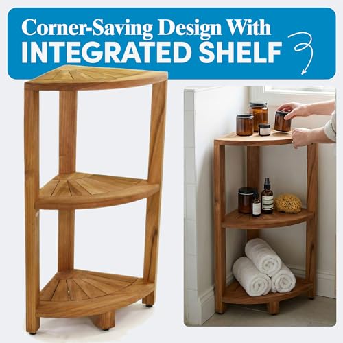 12-Inch Teak Corner Shower Shelf Stand with 3 Tiers - Waterproof Bathroom Organizer