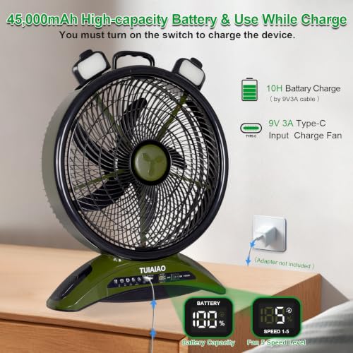 Rechargeable 45000mAh Camping Fan with LED Light - Military Green & Black