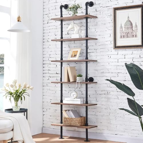 Hombazzar Industrial Pipe Bookshelf - Brown 6-Tier Modern Shelving