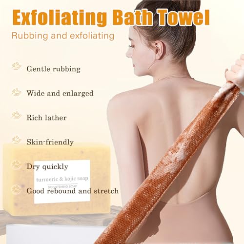 Turmeric Soap + African Net Sponge, Lemon Turmeric Kojic Soap Bar for Spots Remover, Organic Skin Care Soaps for Face and Body, Evens Skin Tone Exfoliator Deep Cleansing Moisturizing