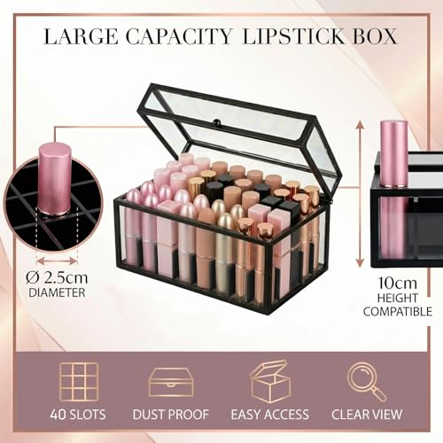 Black 40 Lipstick Organizer with Lid - Glass Display Box for Vanity & Makeup