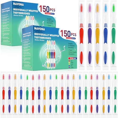 Navona 300 Pack Disposable Toothbrushes Bulk Individually Wrapped - Soft Bristles, Travel-Ready
