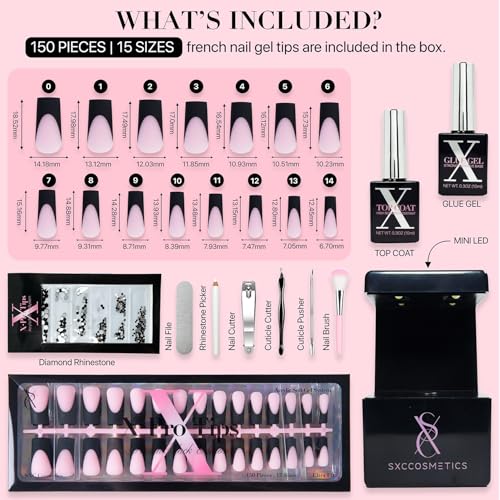 SXC Cosmetics French Tip Press On Nails ? Black Series, Medium Square, X-Pro Tips Starter Kit | 150PCS, 15 Sizes, 5 Styles, Beginner-Friendly