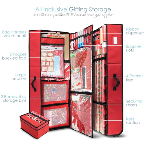 Extra Large Wrapping Paper Storage Container with Ribbon Dispenser and Wheels - Red, Fits 30 Rolls of 40"