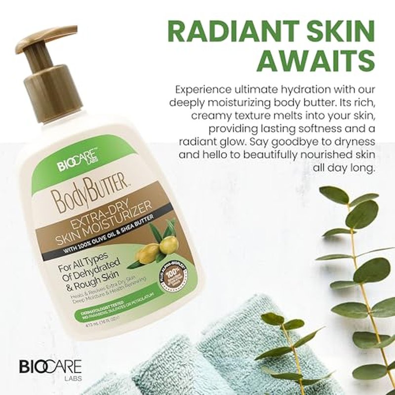 Biocare Labs Moisturizing Body Butter - Body Cream With Natural Shea Butter, Olive Oil, and Vitamin E - Instantly Penetrates and Deeply Renews Skin - Lotion Designed For Dry Skin- 16 OZ