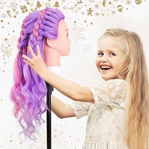 Colorful 26-Inch Mannequin Head with 70% Real Human Hair for Hair Styling Practice - Purple & Pink