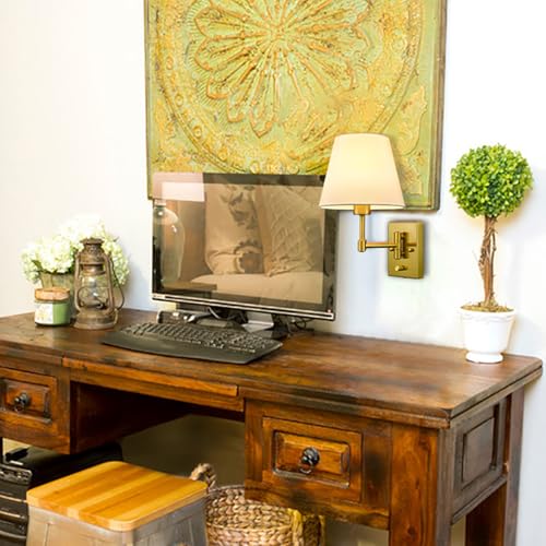 Gold Wall Sconces Set of Two - Modern Plug-In Swing Arm Lamps with Linen Shades
