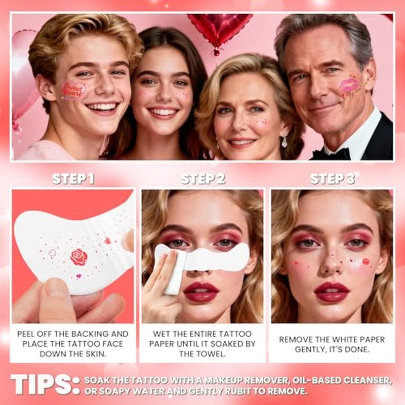 Cerlaza Valentines Day Accessories, 40 Pcs Valentines Temporary Tattoos Heart Glitter Freckles Face Stickers Makeup for Woman, Valentine's Day Trinkets Decorations Party Favors Goodie Bag Stuffers