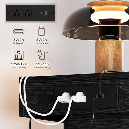 Nightstand with Charging Station LED Light & 2 Drawers - Black - Variation of THIS listing