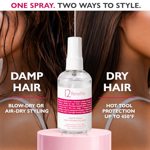12 Benefits Rapid Blowout Argan Oil Spray - Heat Protectant & Frizz Control 4 oz