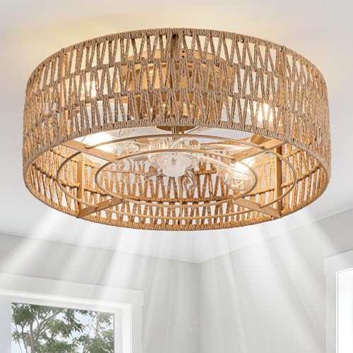 Gold Boho Ceiling Fan with Lights & Remote Control - Flush Mount, 7 Blades