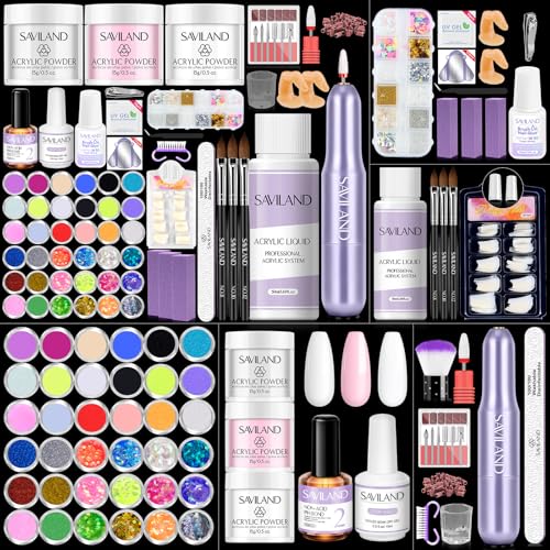 SAVILAND Acrylic Nail Kit with Drill: Nail Kit Acrylic Set with Everything for Beginners Glitter Powder and Liquid Set 100 Nails Tips Home DIY Manicure Salon