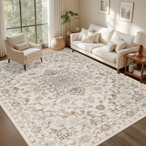 8x10 Washable Area Rug for Living Room and Bedroom - Brown Beige, Non-Slip Backing