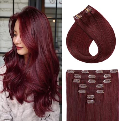 Clip In Hair Extensions Human Hair Burgundy 14 Inch 2.5 Ounce - Seamless & Full