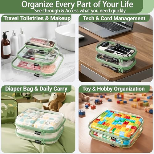 6-Pack Clear Hard Shell Zipper Cases - Multi-Size Travel & Organization Set - Green