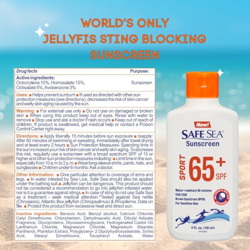 Safe Sea SPF 65+ Sport Sunscreen Lotion - 4oz Pack of 2, Jellyfish & Sea-Lice Sting Protection, Water-Resistant Biodegradable SPF Sunscreen