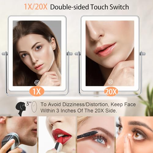 FASCINATE 5000mAh Rechargeable Wall Mounted Makeup Mirror, 8.7" Double Sided Touch Switch 1X 20X Rectangle Wall Mounted Magnifying Mirror with Light, 3 Color Setting, Extended Arm 360¡Æ Foldable Chrome
