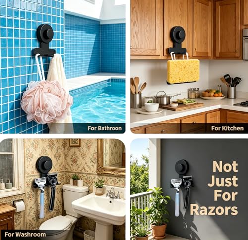 Matte Black Adhesive Shower Hooks 4-Pack - No Drill Rustproof Bathroom Storage