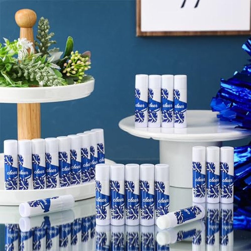 24 Pcs Cheer Lip Balm Bulk Cheer Teams Camp Gifts Pom Pom Leaders Party Favors Gear Lip Balm Valentine's Day Gift for Competitive Party Guest Supplies(Blue and White)