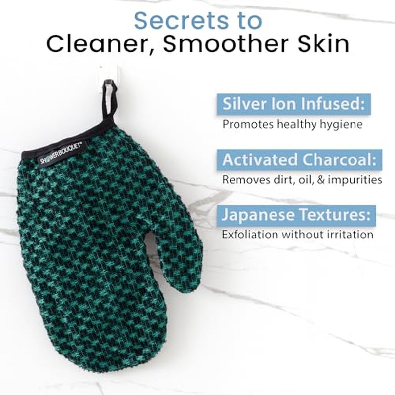 Japanese Exfoliating Mitt 2-Pack - Charcoal & Silver Ion Exfoliating Gloves for Shower - Soft Inner Fabric Gentle Exfoliation & Deep Cleansing Body Scrub Gloves for All Skin Types - 1 Blue, 1 Green