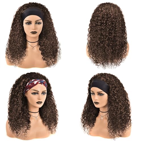 Deep Wave Headband Wig for Women - 12 Inch Chocolate Brown Curly Human Hair with Variation