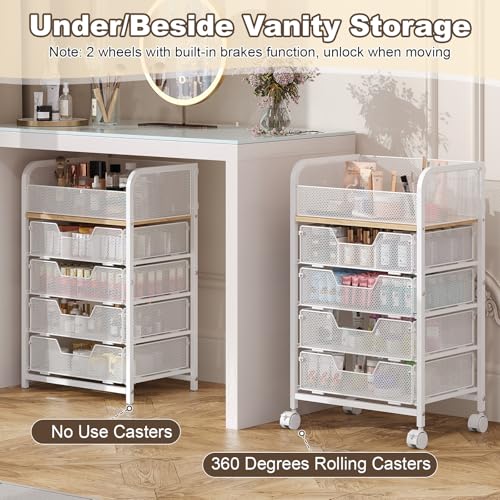 Makeup Cart Organizer with 4 Drawers, Large Floor Skincare Organizers, Vanity Storage Organizer Cosmetics Display Cases for Skin Care Perfume Nail Polish, White