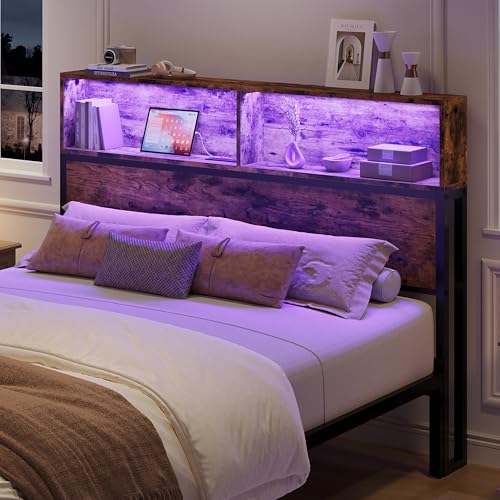 Queen Size Headboard with LED Lighting and Charging Station - Industrial Brown