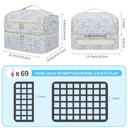 Nail Polish Organizer, Nail Supplies Storage Case Holds 69 Bottles Nail Polish & Nail Lamp, Travel Nail Tech Carrying Bag, Nail Kit Bag for Nail Stuff & Manicure Tools (Floral Blue, 69 Slots)