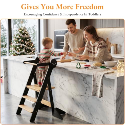 Foldable Toddler Standing Tower Kitchen Step Stool Charcoal & Natural