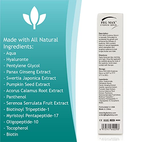 FEG Max Eyebrow Enhancer Growth Treatment Serum | Enhancing to Help Lengthen and Thicken Eyebrows | Non-irritating Brow Serum | 6ml