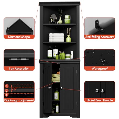 YESHOMY Corner Cabinet with Doors Dark Black - Storage Cupboard with Adjustable Shelves